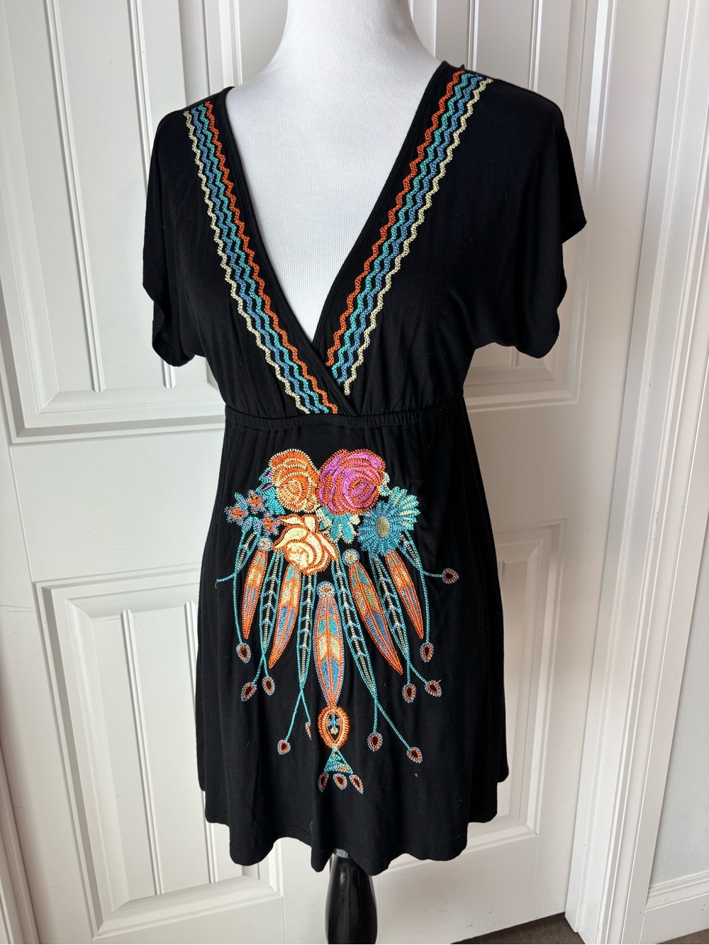 Black Embroidered V-Neck Mini Dress with Multicolor Floral Motif